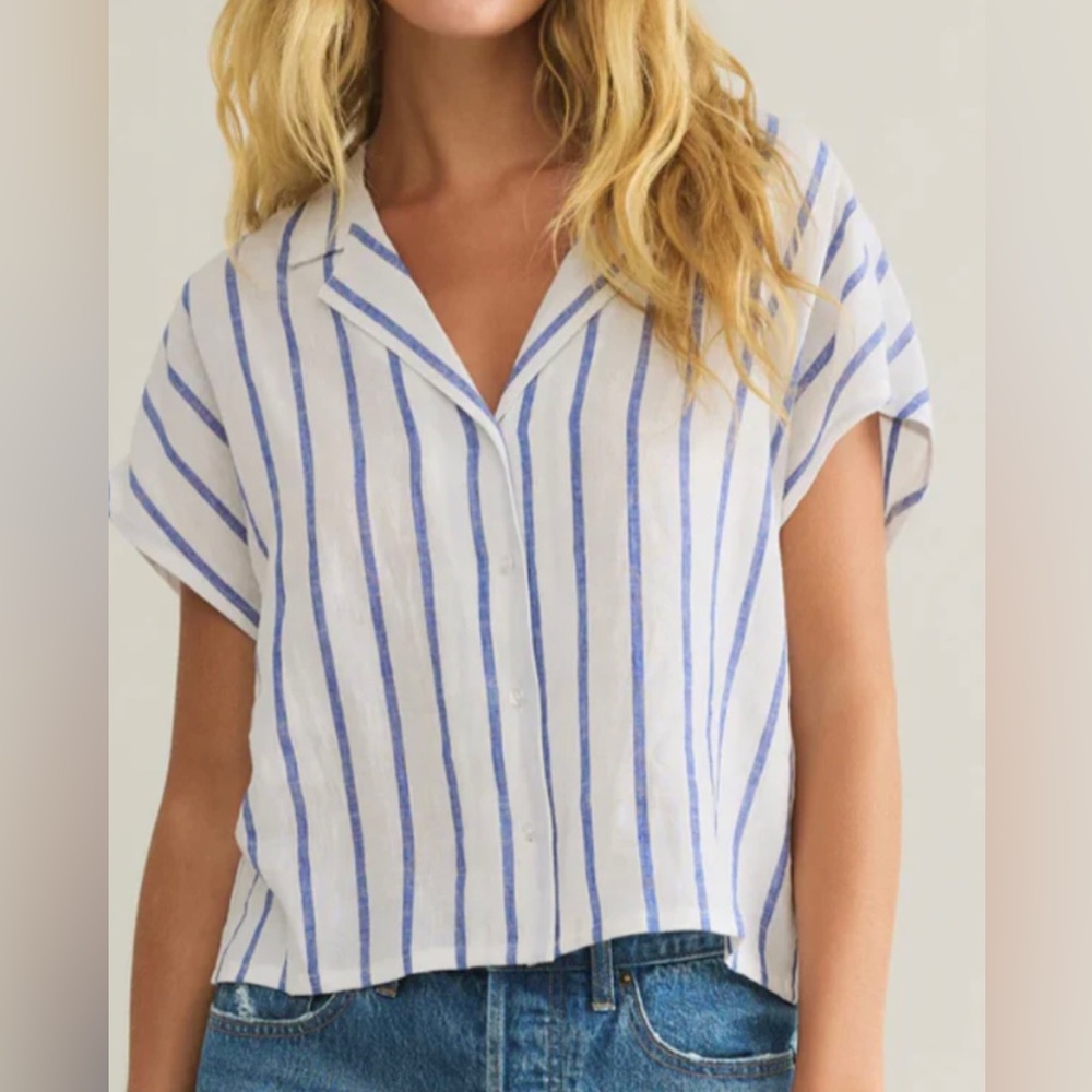 Splendid Womens Blue and White Striped Short Sleeve Casual Shirt Top